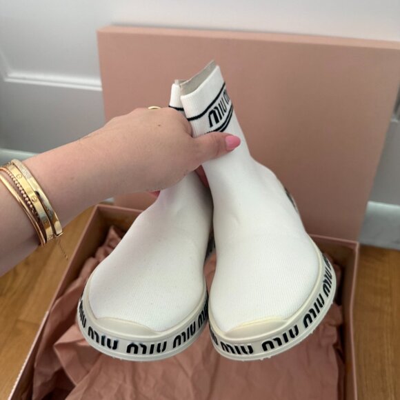 NWT Miu Miu High Top Sock Sneakers White Knit Logo Pattern Rubber Sole - Picture 7 of 11